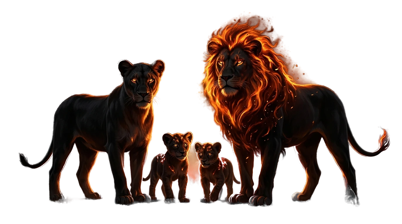 The fire-mane lion pride — two cubs, lioness and alpha lion